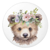 Kleiner brauner Bär mit Blumenkopfteil Keramikknauf (Vorderseite)