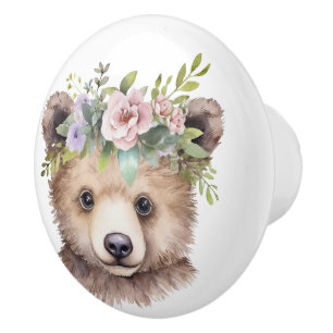 Kleiner brauner Bär mit Blumenkopfteil Keramikknauf