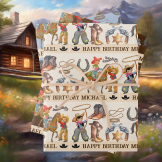 Kleiner Buckaroo Cowboy mit Kindername 3 Geschenkpapier Set
