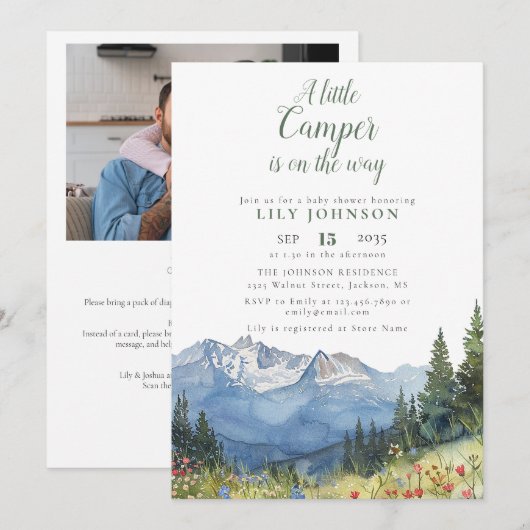 Kleiner Camper Mountain Baby Shower Foto QR Code Einladung (Vorne/Hinten)