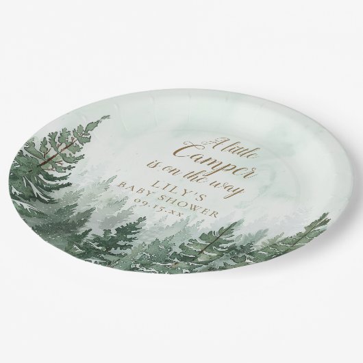 Kleiner Camper Rustikale Pine Tree Forest Baby Dus Pappteller (Schrägansicht)