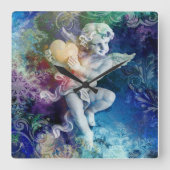 Kleiner Cherub in Blau Quadratische Wanduhr (Vorderseite)