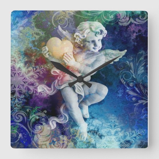 Kleiner Cherub in Blau Quadratische Wanduhr (Vorderseite)