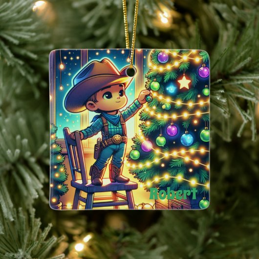 Kleiner Cowboy auf Stuhl Dekorieren Weihnachtsbaum Keramikornament (Baum)