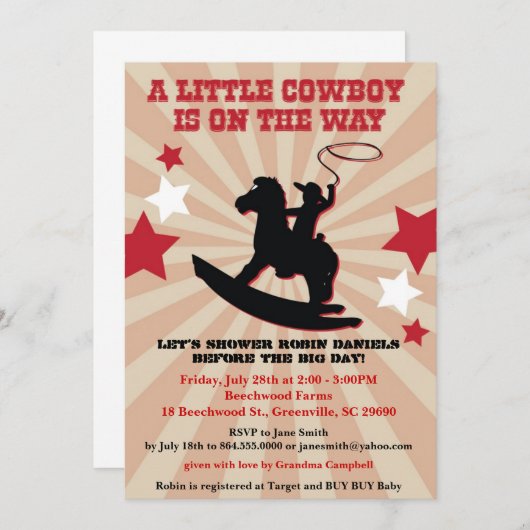 Kleiner Cowboy Baby Shower Invite, Rocking Horse Einladung (Vorne/Hinten)