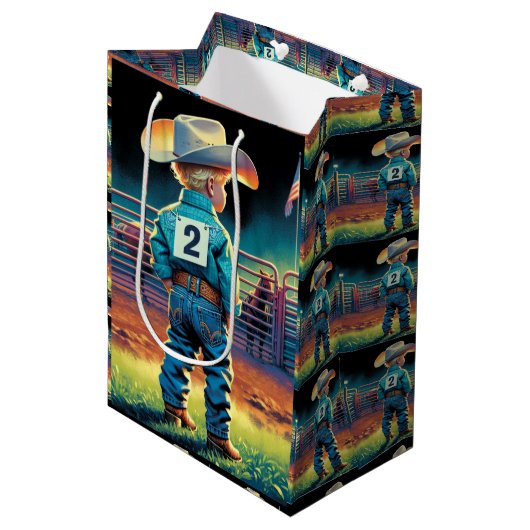 Kleiner Cowboy bei Rodeo Fence American Flag Pferd Mittlere Geschenktüte (Vorderseite Schrägansicht)