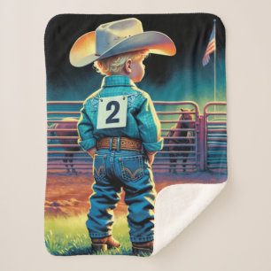 Kleiner Cowboy bei Rodeo Fence American Flag Pferd Sherpadecke