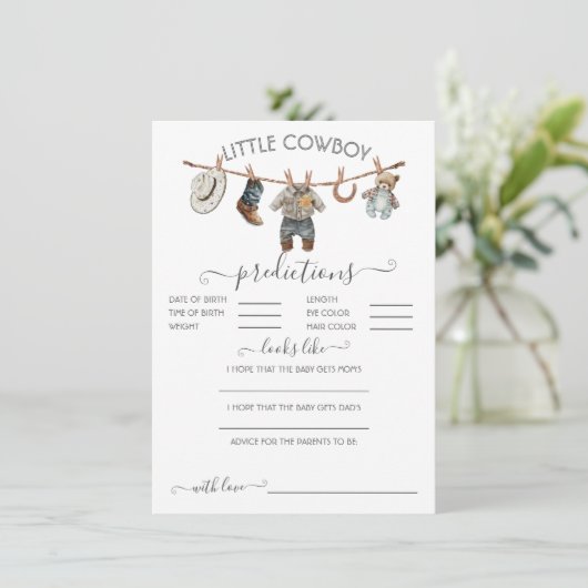 Kleiner Cowboy Clothesline Baby Predictions Game Einladung (Stehend Vorderseite)