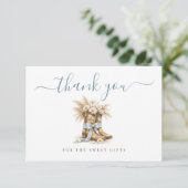 Kleiner Cowboy Eleganter blauer Bogen Baby Shower Dankeskarte (Stehend Vorderseite)