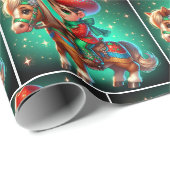 Kleiner Cowboy mit Weihnachtskostüm auf Pferd Geschenkpapier (Rolleneckpunkt)