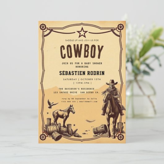 Kleiner Cowboy Moderne Babydusche Einladung (Stehend Vorderseite)