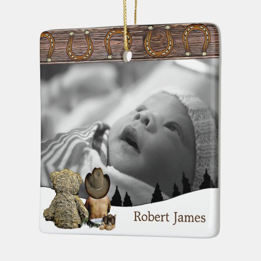 Kleiner Cowboy und Teddy Bären Weihnachten Keramikornament (Links)