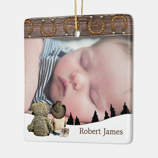 Kleiner Cowboy und Teddy Bären Weihnachten Keramikornament (Links)