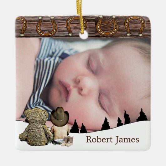 Kleiner Cowboy und Teddy Bären Weihnachten Keramikornament (Vorderseite)