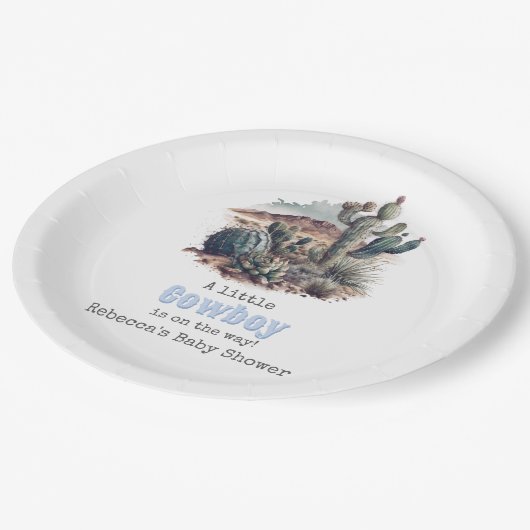 Kleiner Cowboy Western Blue Boy Baby Duschdekor Pappteller (Schrägansicht)