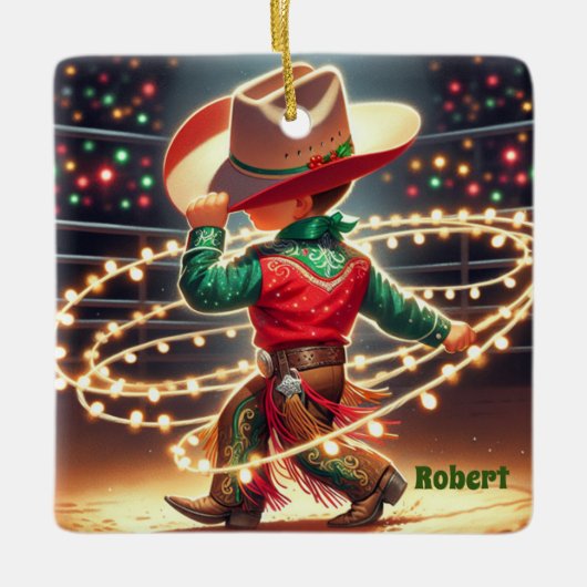 Kleiner Cowboy wirbeln Weihnachtsleuchten nach Maß Keramikornament (Vorderseite)