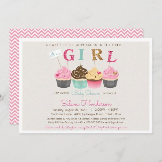 Kleiner Cupcake Es ist ein Girl Baby Sprinkle oder Einladung (Vorne/Hinten)