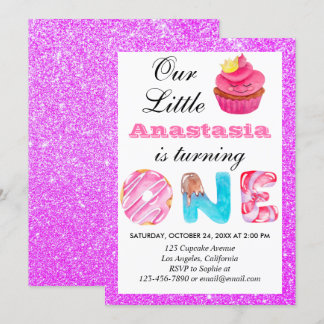 Kleiner Cupcake Lila Glitzer 1. Geburtstag 1 Einladung