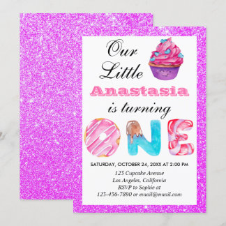 Kleiner Cupcake Lila Glitzer 1. Geburtstag 1 Einladung