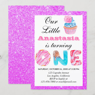 Kleiner Cupcake Lila Glitzer 1. Geburtstag 1 Einladung