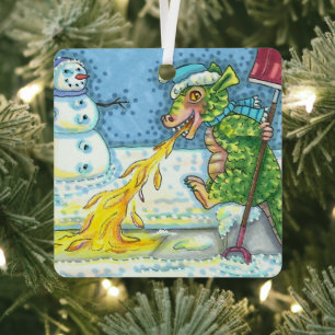 KLEINER DRACHE SCHMILZT & SCHAUFELT SCHNEE, LUSTIG ORNAMENT AUS METALL