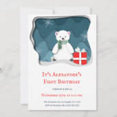 Kleiner Eisbär mit Roter Gegenwart erster Geburtst Einladung (Vorderseite)