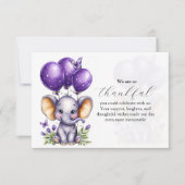 Kleiner Elefant mit träumerischen lila Ballons Dankeskarte (Vorderseite)