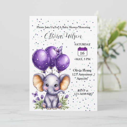 Kleiner Elefant mit träumerischen lila Ballons Einladung (Stehend Vorderseite)