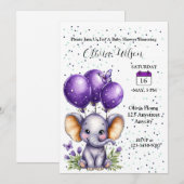 Kleiner Elefant mit träumerischen lila Ballons Einladung (Vorne/Hinten)