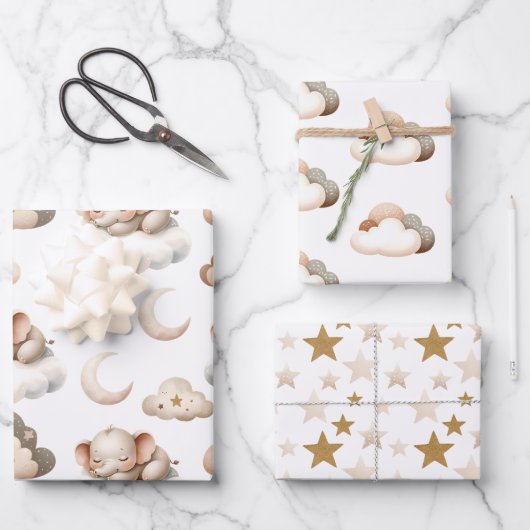 Kleiner Elefant schlafen, Wolken, Sterne Geschenkpapier Set (Vorderseite)