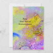 KLEINER ELF VON MUSCHRÄUMEN, lila-gelb-blau funkel Einladung (Rückseite)
