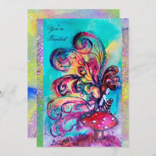 KLEINER ELF VON MUSCHRÄUMEN, lila-gelb-blau funkel Einladung (Vorne/Hinten)