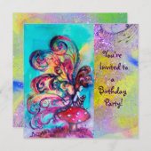 KLEINER ELF VON MUSCHRÄUMEN, lila-gelb-blau funkel Einladung (Vorne/Hinten)