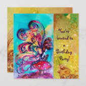 KLEINER ELF VON MUSHÖLLEN, rosa, gelb, blau funkel Einladung (Vorne/Hinten)