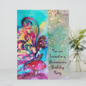 KLEINER ELF VON MUSHÖLLEN, rosa, gelb, blau funkel Einladung (Stehend Vorderseite)