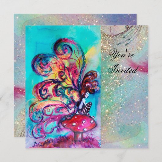 KLEINER ELF VON MUSHÖLLEN, rosa, gelb, blau funkel Einladung (Vorne/Hinten)