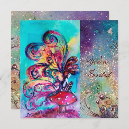 KLEINER ELF VON MUSHÖLLEN, rosa, gelb, blau funkel Einladung (Vorne/Hinten)