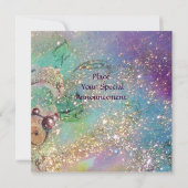 KLEINER ELF VON MUSHÖLLEN, rosa, gelb, blau funkel Einladung (Rückseite)