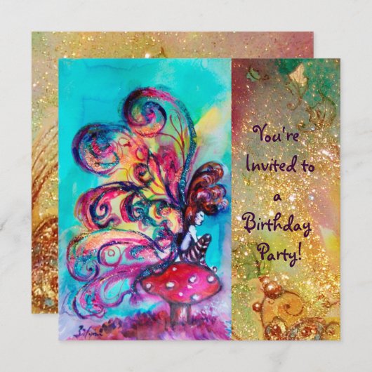 KLEINER ELF VON MUSHÖLLEN, rosa, gelb, blau funkel Einladung (Vorne/Hinten)