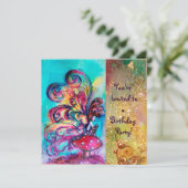 KLEINER ELF VON MUSHÖLLEN, rosa, gelb, blau funkel Einladung (Stehend Vorderseite)