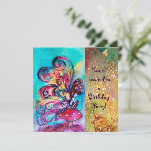 KLEINER ELF VON MUSHÖLLEN, rosa, gelb, blau funkel Einladung (Stehend Vorderseite)