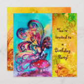 KLEINER ELF VON MUSHÖLLEN, rosa, gelb, blau funkel Einladung (Vorne/Hinten)