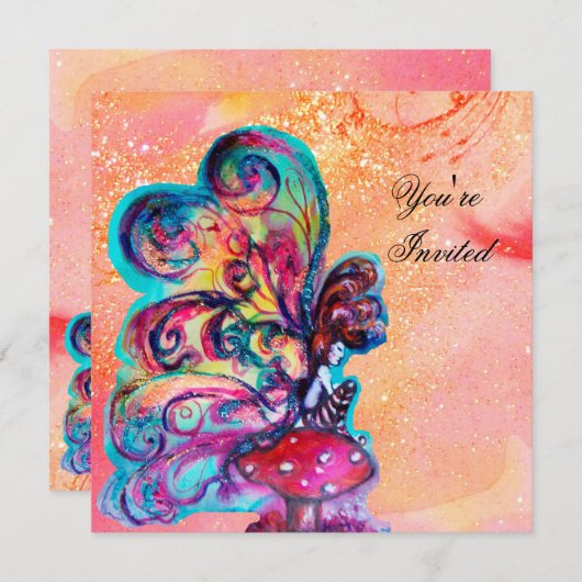 KLEINER ELF VON MUSHÖMEN, rosa, gelbes, funkelndes Einladung (Vorne/Hinten)