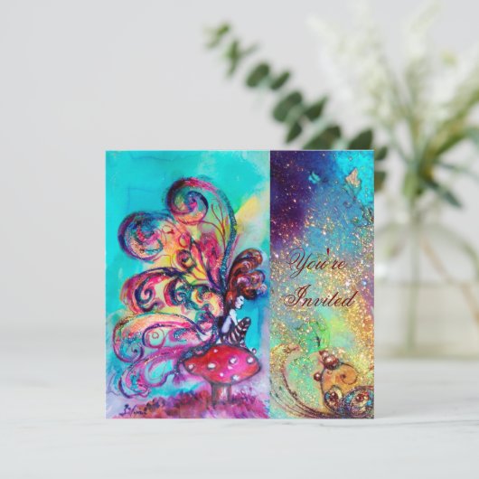 KLEINER ELF VON MUSHÖMMEN, rosa blaues Funkeln Einladung (Stehend Vorderseite)