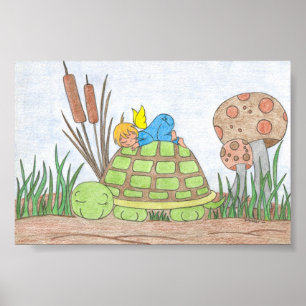 Kleiner Engel auf Schildkröte Poster