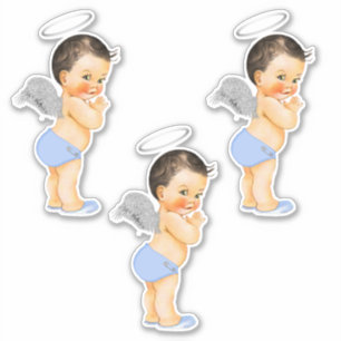 Kleiner Engel Baby Junge Hellblau Silberne Flügel  Aufkleber