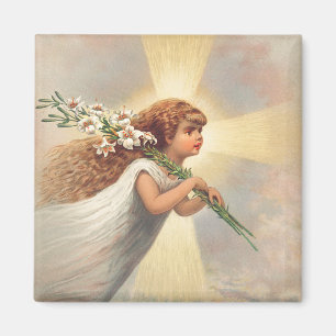 Kleiner Engel hält Lilien Magnet