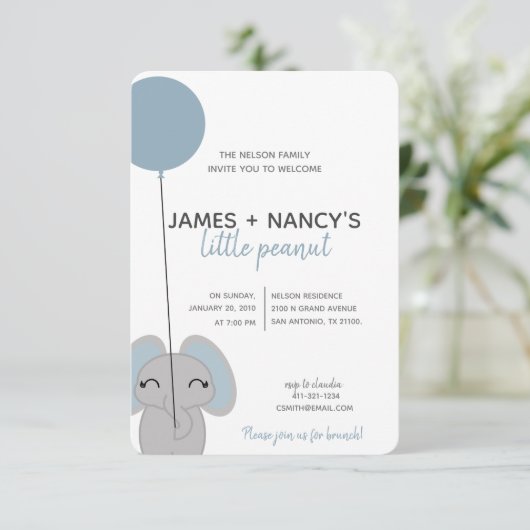 kleiner Erdnuss BABY SHOWER Blaue Elefant Einladung (Stehend Vorderseite)