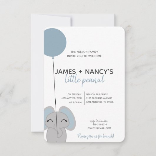 kleiner Erdnuss BABY SHOWER Blaue Elefant Einladung (Vorderseite)