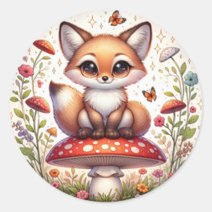 Kleiner Fairy Fox sitzend auf einem Pilz mit einem Runder Aufkleber